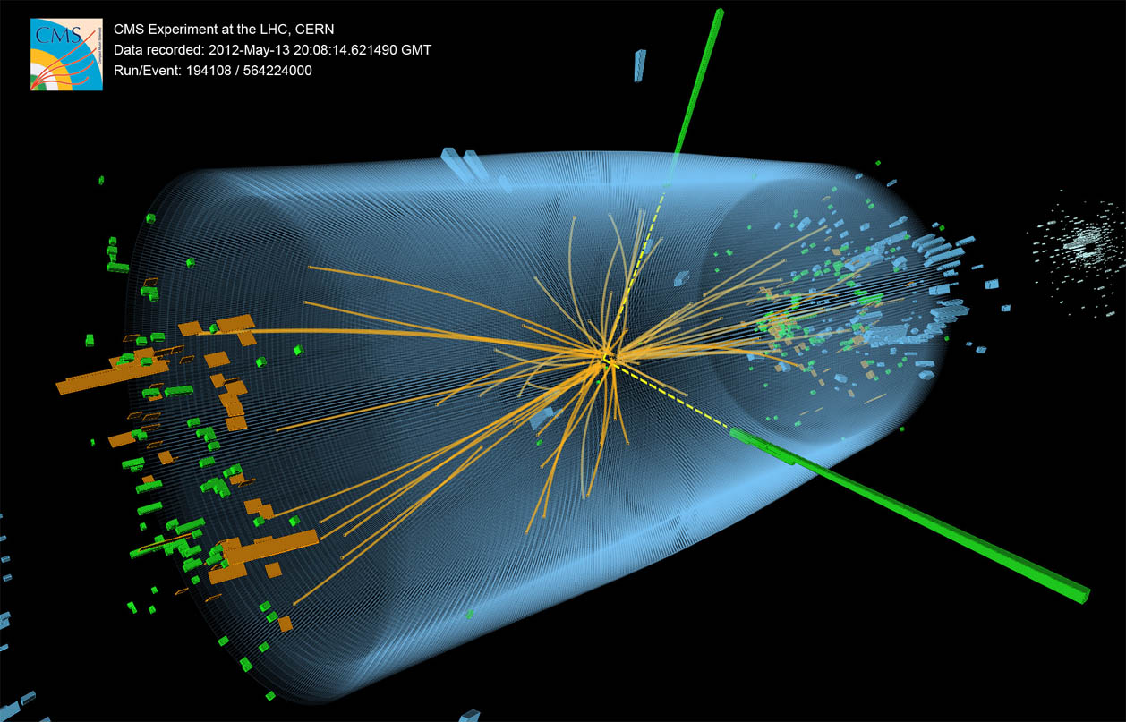 Suceso registrado en CMS a 8 TeV en 2012. Se muestran las características esperadas tras una desintegración del bosón de Higgs en un par de fotones (líneas amarillas discontinuas asociadas a torres verdes). El suceso puede ser también interpretado a partir de procesos de fondo conocidos dentro del modelo estándar.